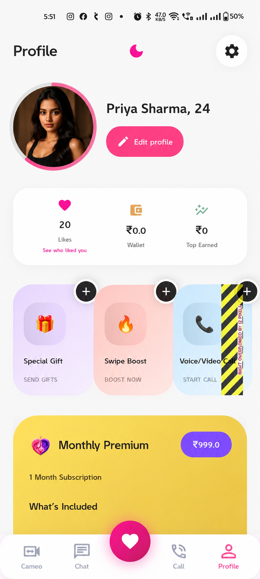 ZoraMeeto mobile app screen showing profile discovery